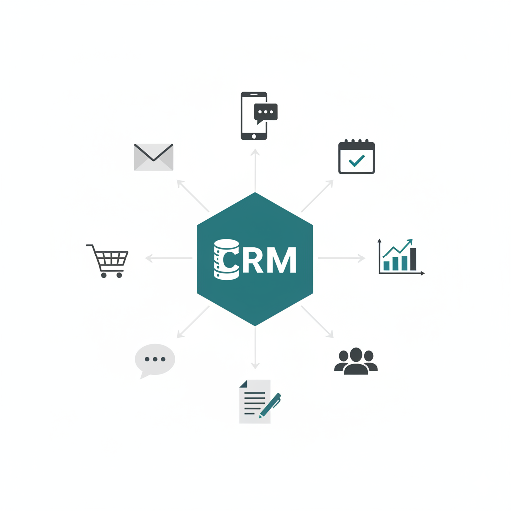 Illustrasjon som viser hvordan CRM system sentraliserer kundeinformasjon fra ulike kanaler