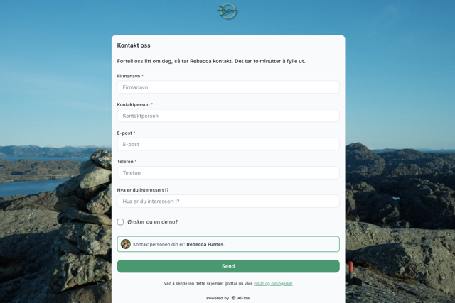 Et ferdig AIFlow-kontaktskjema slik det ser ut på en nettside