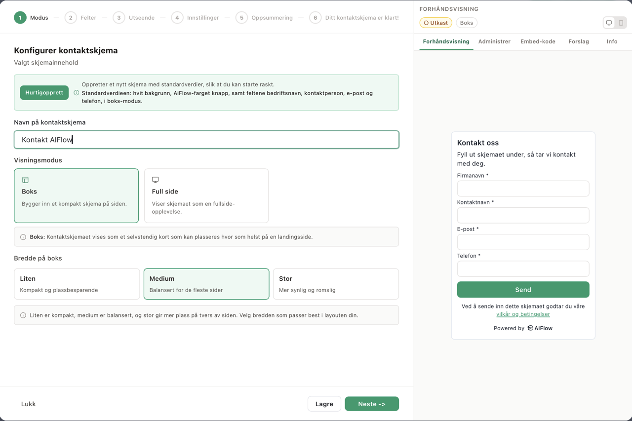AIFlow skjemabygger — steg 1: velg modus