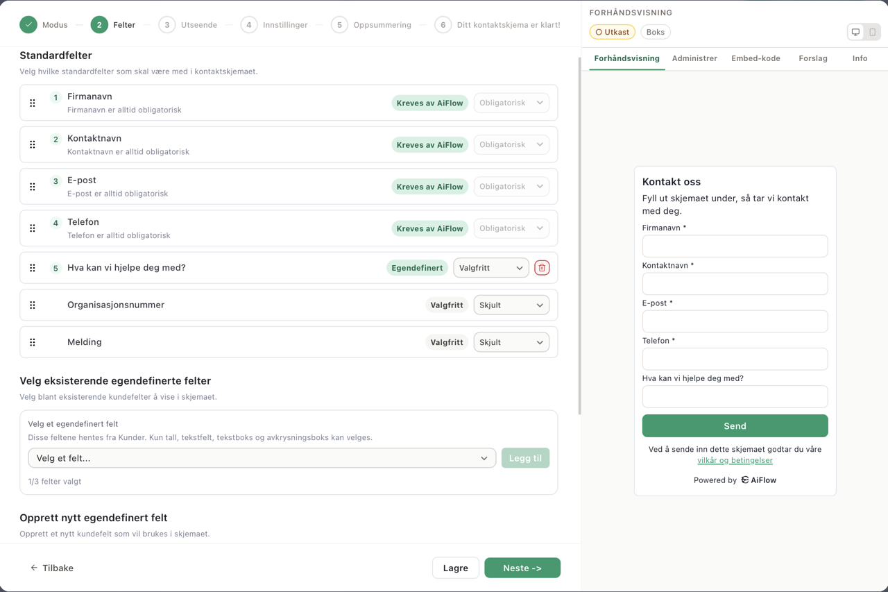 AIFlow skjemabygger — steg 2: velg felt