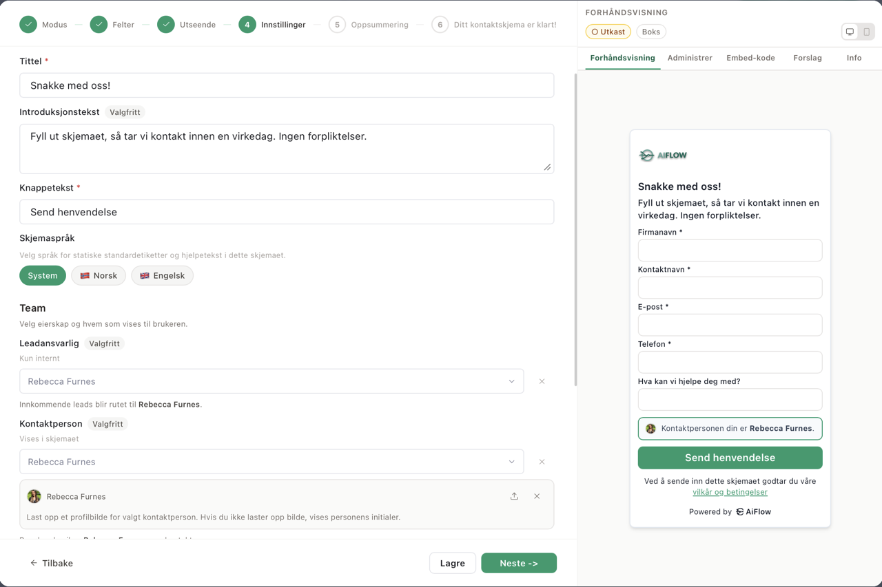 AIFlow skjemabygger — steg 4: innstillinger