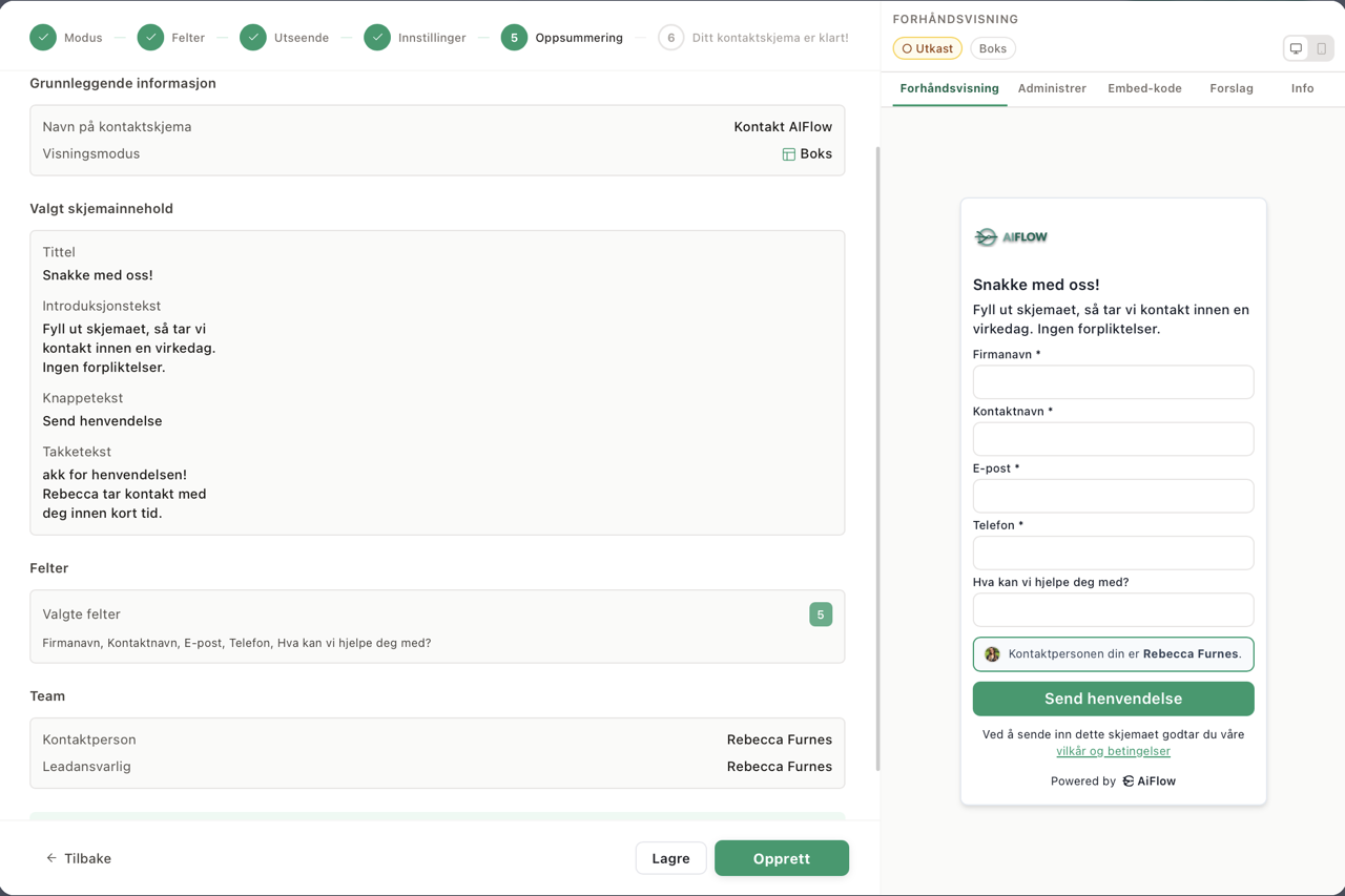 AIFlow skjemabygger — steg 5: oppsummering