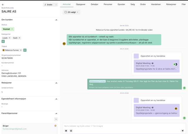 Digitalt kundekort i AIFlow CRM med kontaktpersoner, BRREG-data, e-postlogg og signerte avtaler samlet på ett skjermbilde