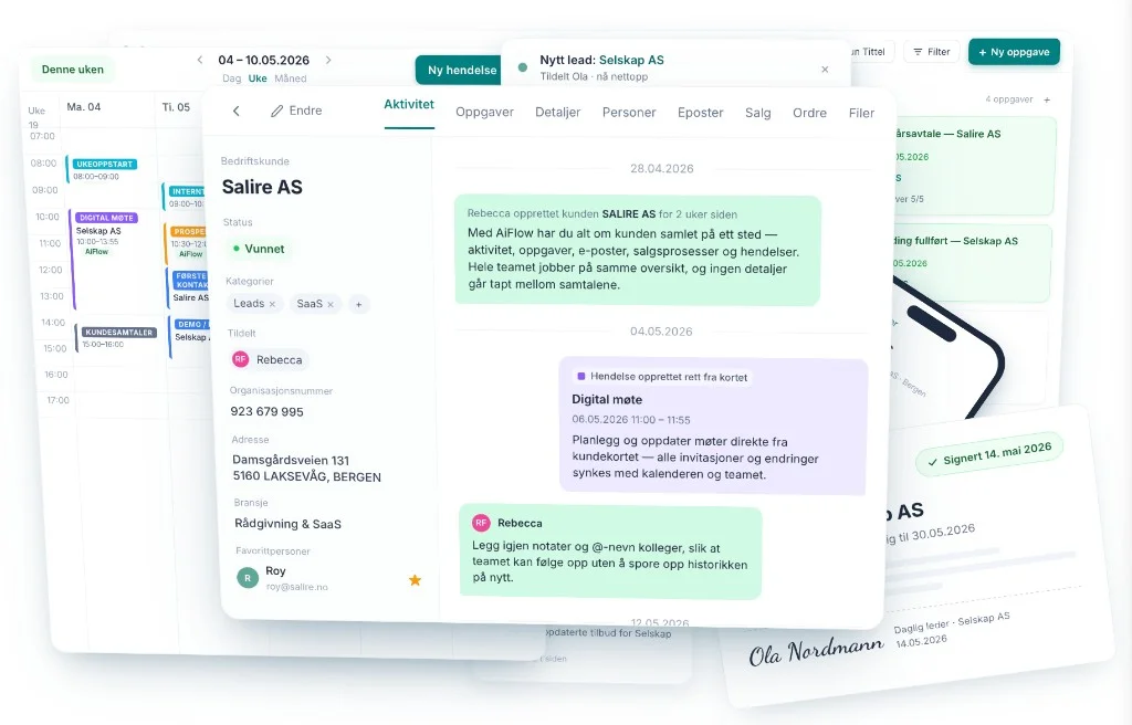 AIFlow-plattformen i bruk: kundekort for Salire AS med aktivitetsstrøm, kalender, oppgaver, nytt lead og signert dokument — ekte produktgrensesnitt.